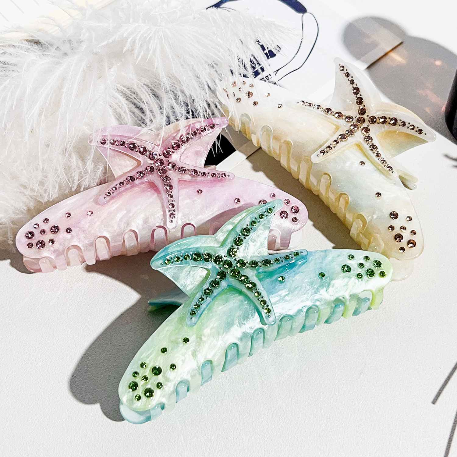 ফ্যাক্টরি পাইকারি ফ্যাশন অ্যাসিটেট স্টার হেয়ার ক্ল 11.5 সিএম সামার স্টারফিশ হেয়ার ক্লিপ মহিলাদের জন্য মেয়েদের ঘন চুল